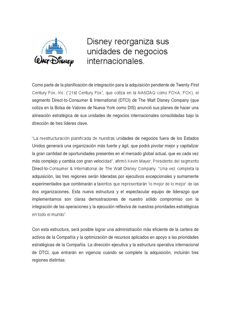 Reestructuración de Disney tras compra de Fox | PDF | 21st Century Fox ...