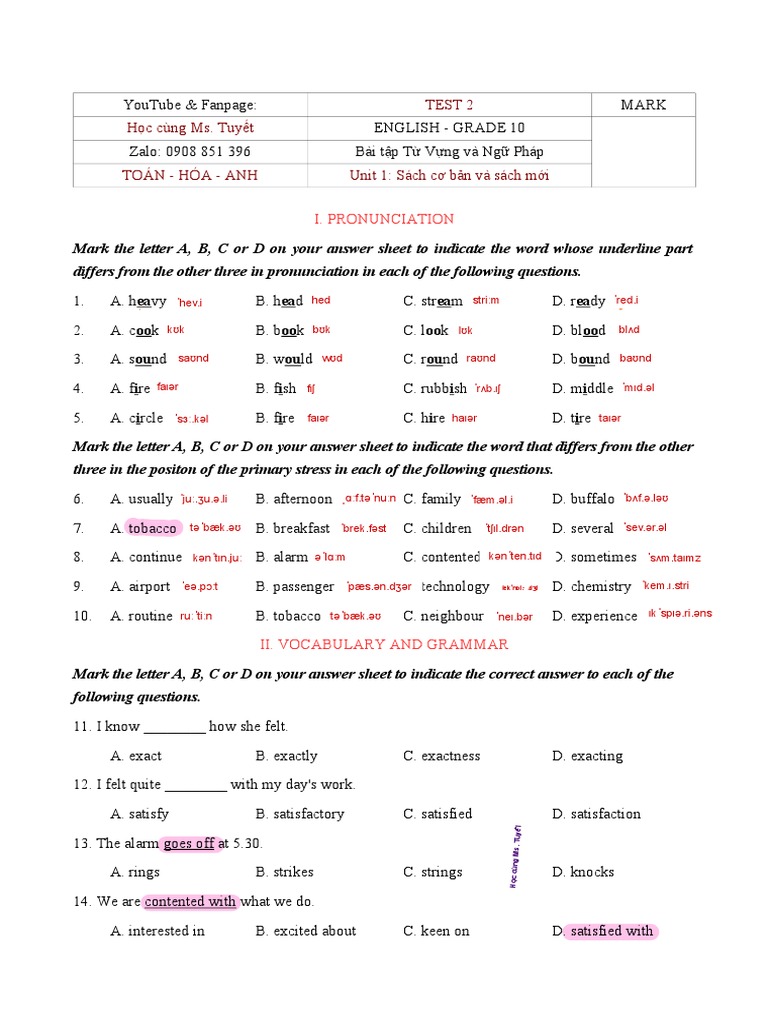 Anh 10 Unit 1 Test 2 Ms.Tuyết PDF