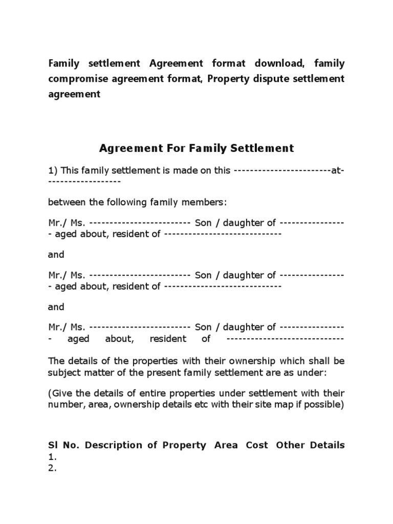 Family Settlement Agreement Format Download, Family Compromise Agreement Format, Property
