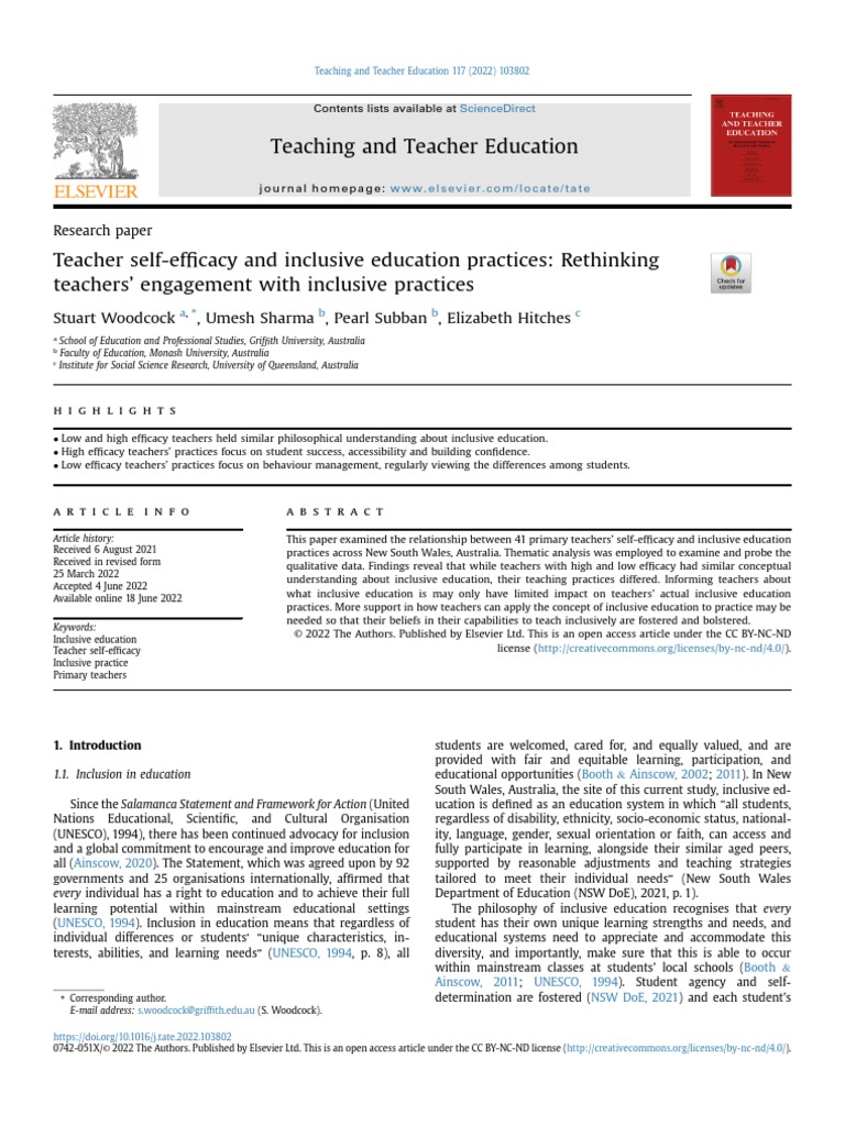 Teacher Self-Efficacy in Inclusive Education | PDF | Inclusion ...
