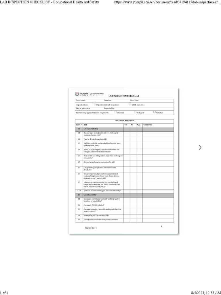 LAB INSPECTION CHECKLIST Occupational Health and Safety PDF