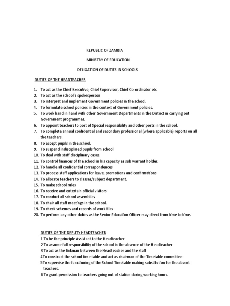 Roles of Headteacher and Deputies in Zambia | PDF | Teachers