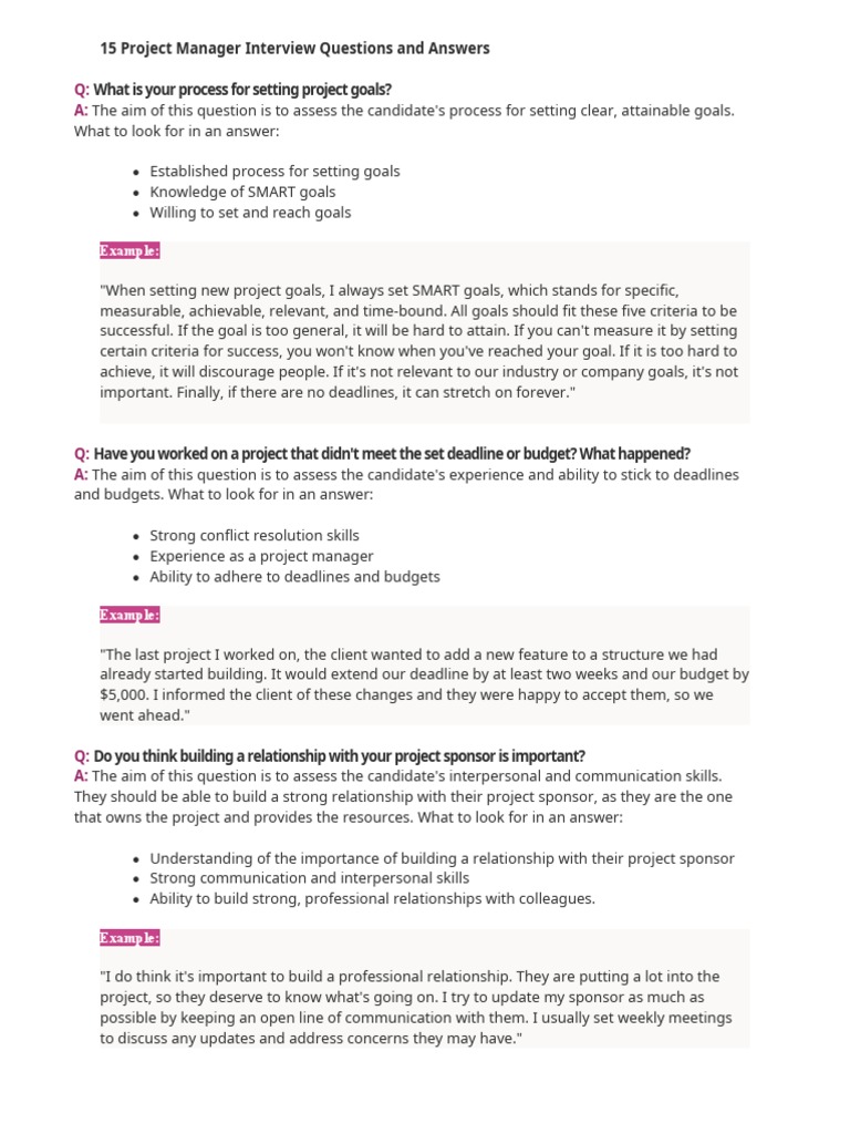 15 Project Manager Interview Questions and Answers | PDF | Goal ...