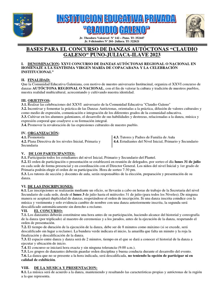 Bases para El Concurso de Danzas Autoctonas Claudio Galeno 2023 | PDF