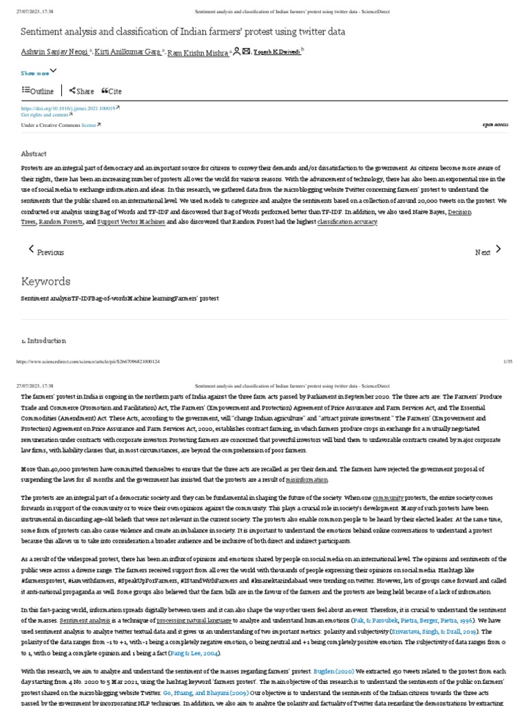 Sentiment Analysis and Classification of Indian Farmers' Protest Using ...