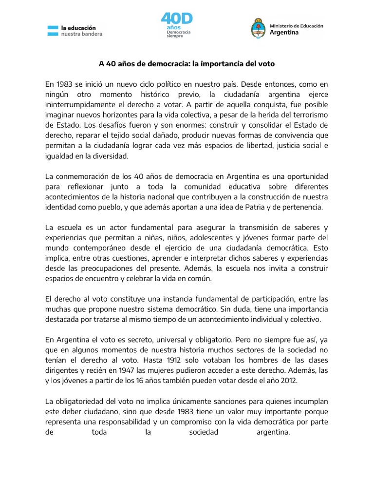 A 40 Años de Democracia - La Importancia Del Voto | PDF | Democracia ...
