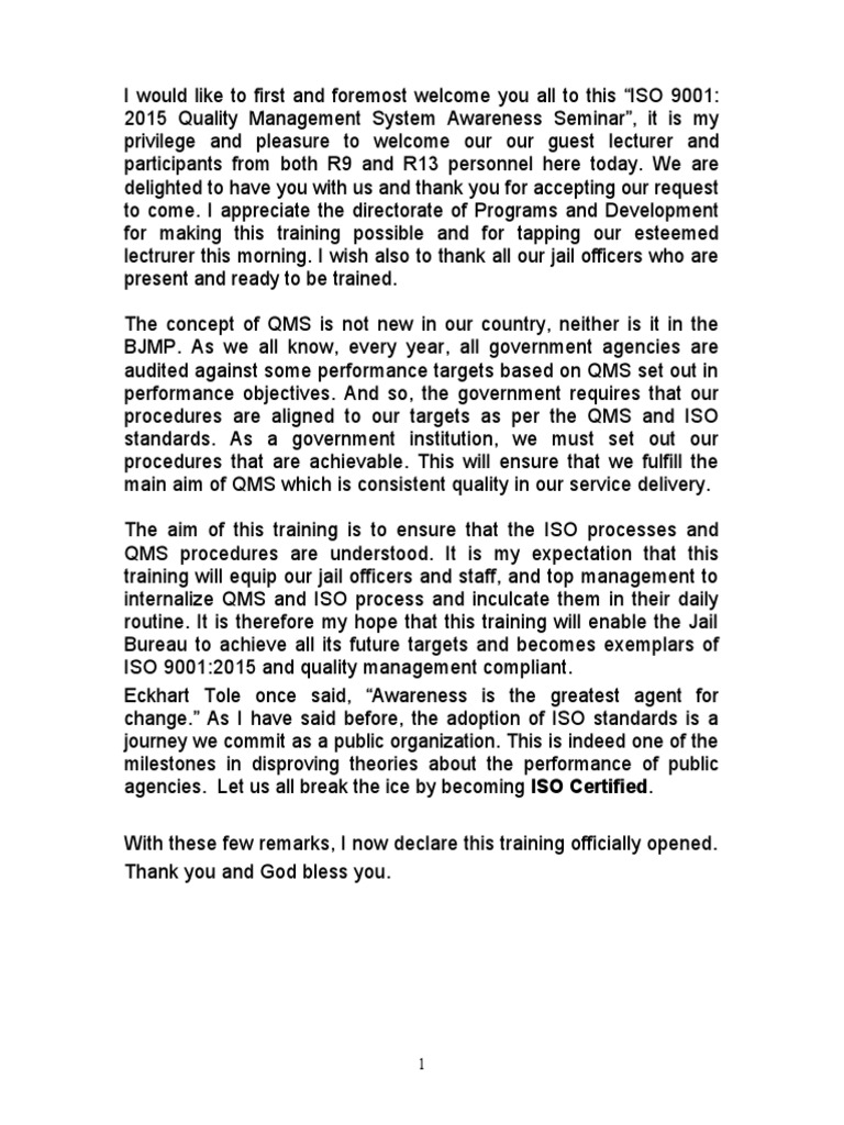 Opening Remarks for ISO 9001 Seminar | PDF