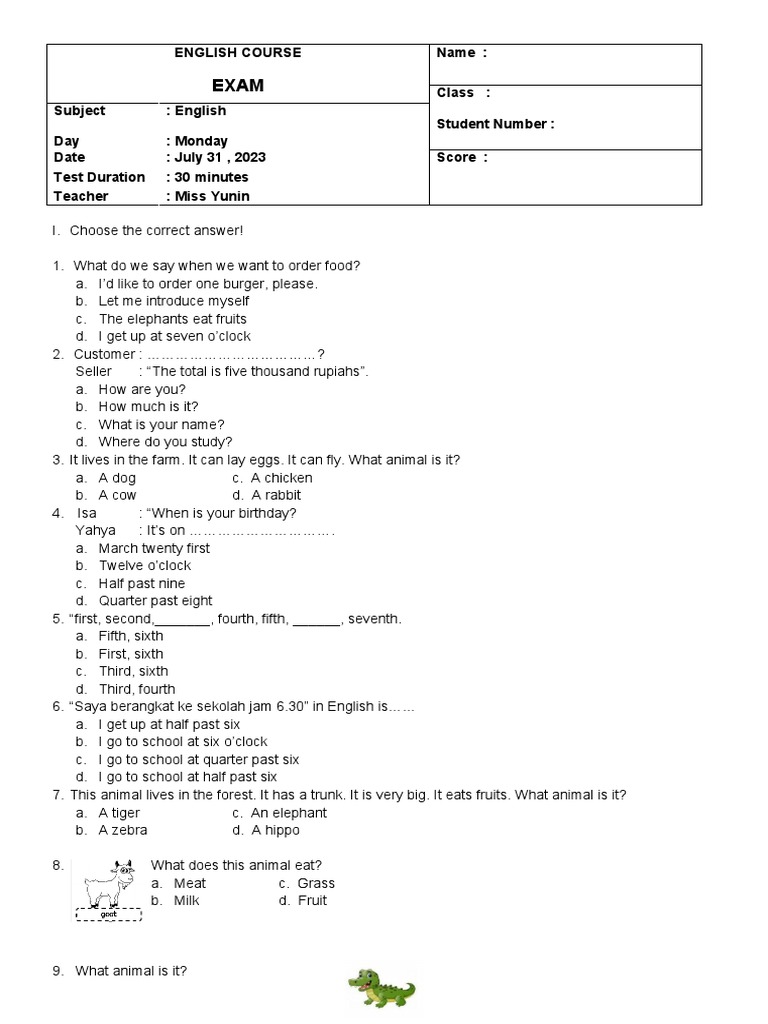 exam-adiba-soal-materi-ordering-foods-animals-introduction-time