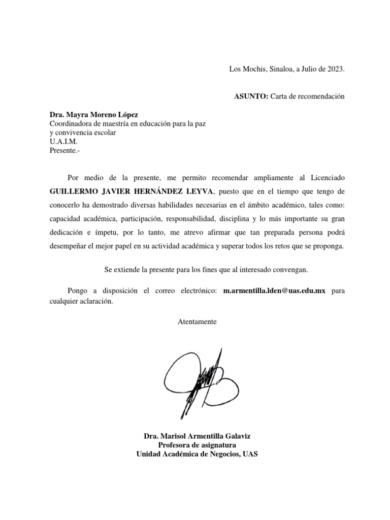 Carta de Recomendación Guillermo 3 | PDF