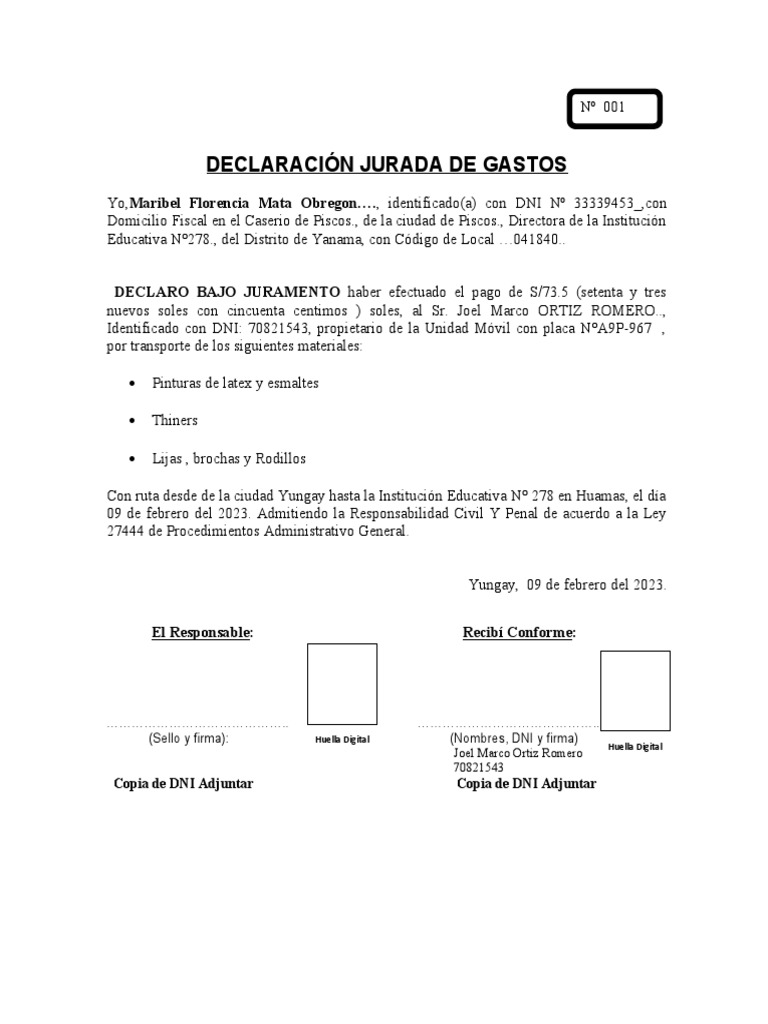 Declaración Jurada de Gastos Educativos | PDF | Finanzas y dinero ...