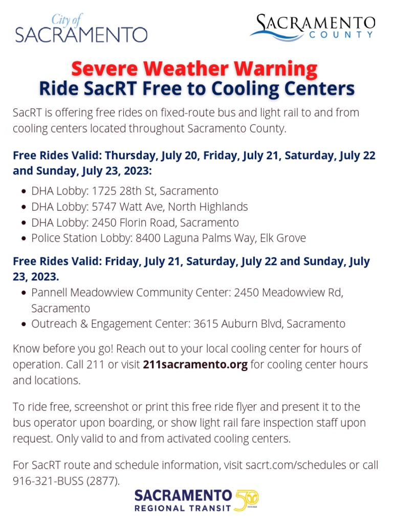 SacRT Free Ride Flyer To Cooling Centers July 20-23 2023 | PDF