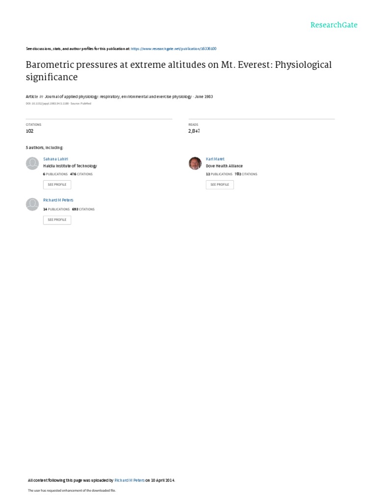 Barometric Pressures at Extreme Altitudes On Mt. Everest Physiological