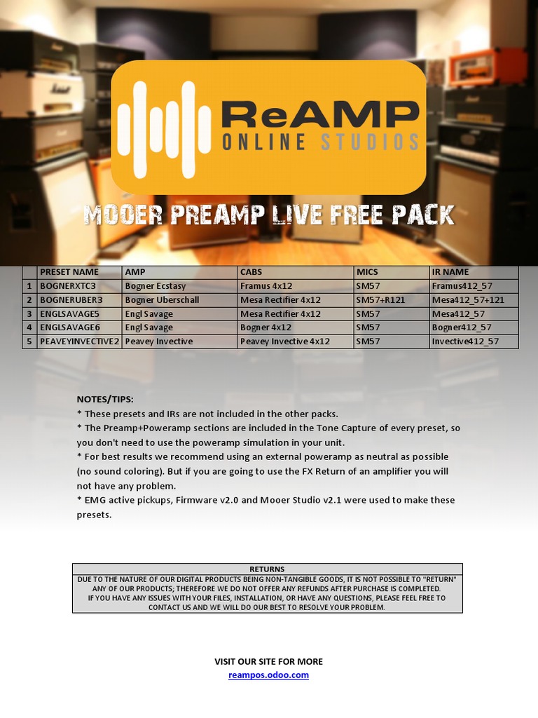 REAMPOS Mooer Preamp Live FREE Pack Infosheet PDF