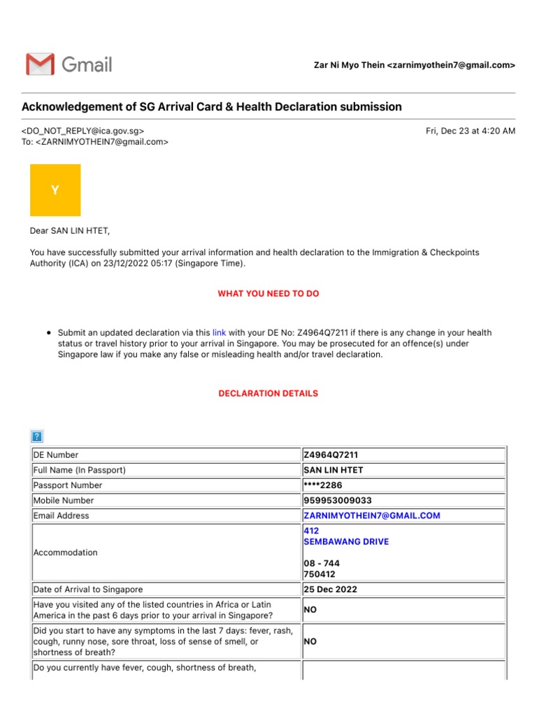 Acknowledgement of SG Arrival Card & Health Declaration Submission | PDF