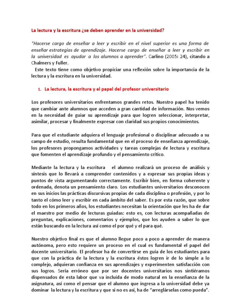 Importancia de la lectura y escritura universitaria | PDF | Aprendizaje ...