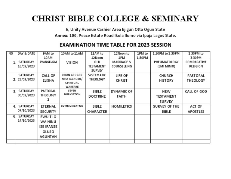 Bible College Exam Time Table PDF