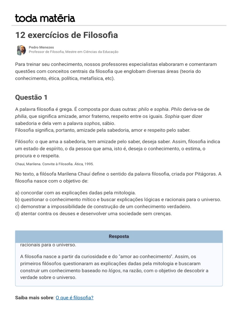 12 Exercícios de Filosofia - Toda Matéria | PDF