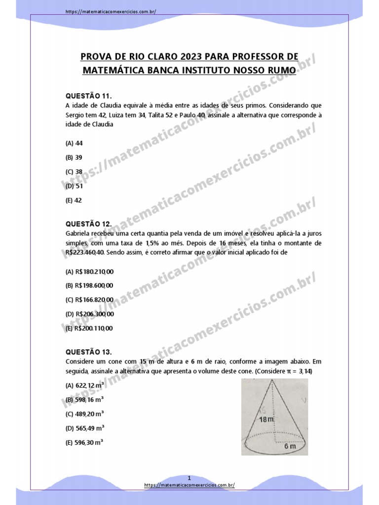 Provas de Matemática - Instituto Nosso Rumo | PDF