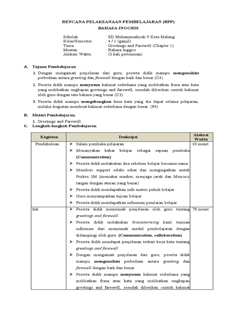 RPP Kelas 4 Chapter 1 Greeting and Farewell PDF
