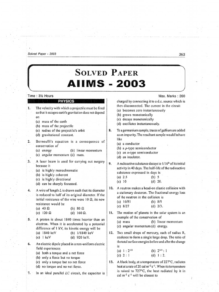 Aiims Mbbs Question Paper 2003 2074 | PDF