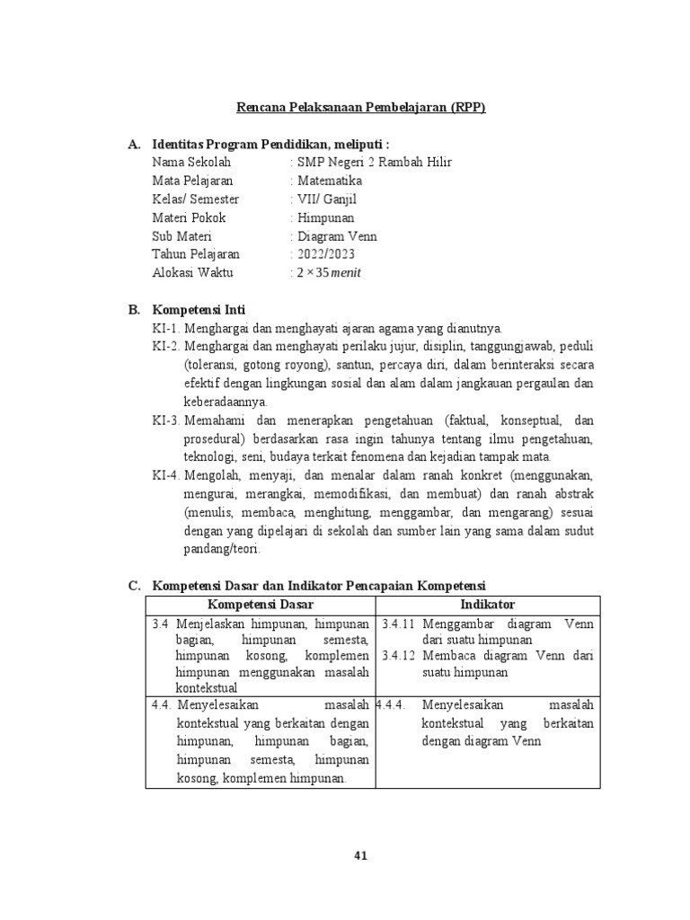 RPP Matematika: Diagram Venn Kelas VII | PDF | Metode & Bahan Ajar