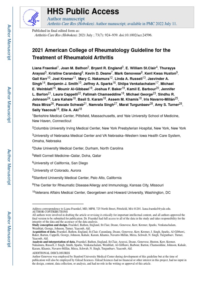 2021 American College of Rheumatology Guideline For The Treatment of Rheumatoid Arthritis PDF
