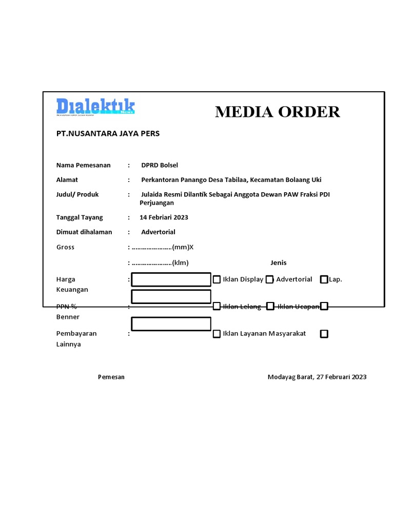 Media Order Iklan PT. Nusantara Jaya | PDF