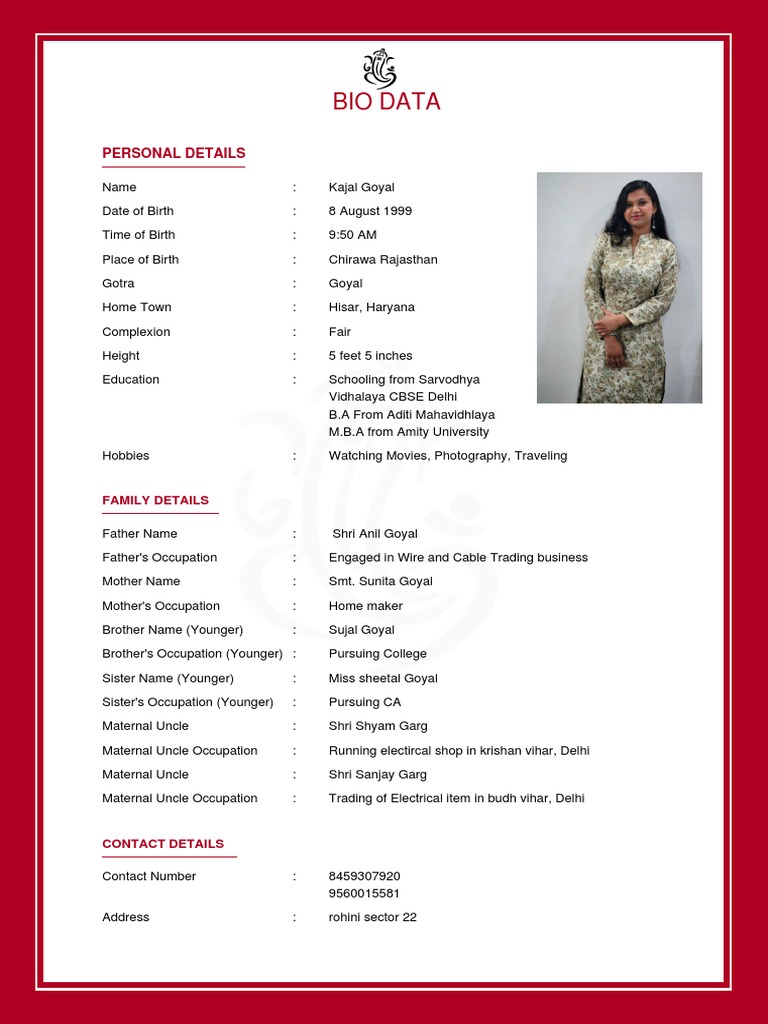 Kajal goyal biodata by createmybiodata com pdf