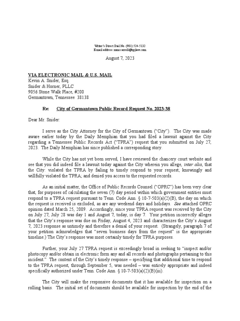 City of Germantown's Response To Attorney Snider PDF Lawsuit Justice