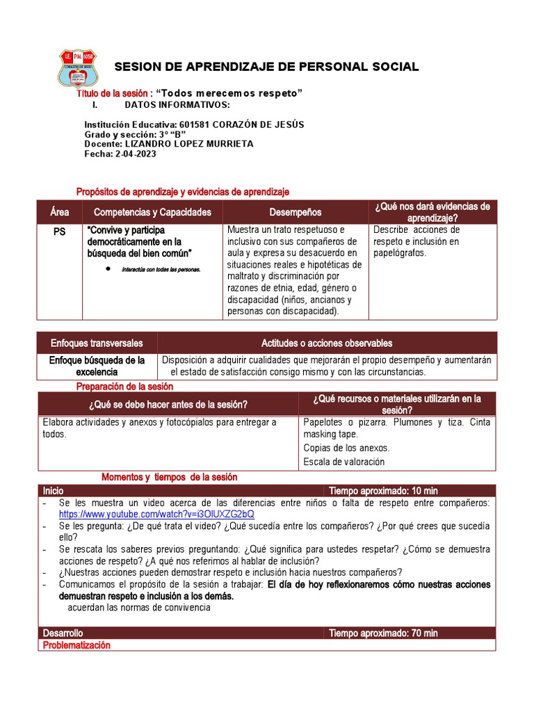 Sesion de Aprendizaje de Personal Social | PDF