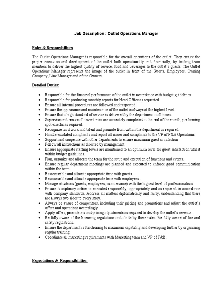 Outlet Operations Manager Overview | PDF | Business
