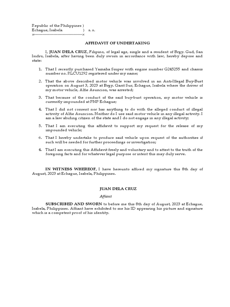 Aff of Undertaking - Release of Motor Vehicle | PDF