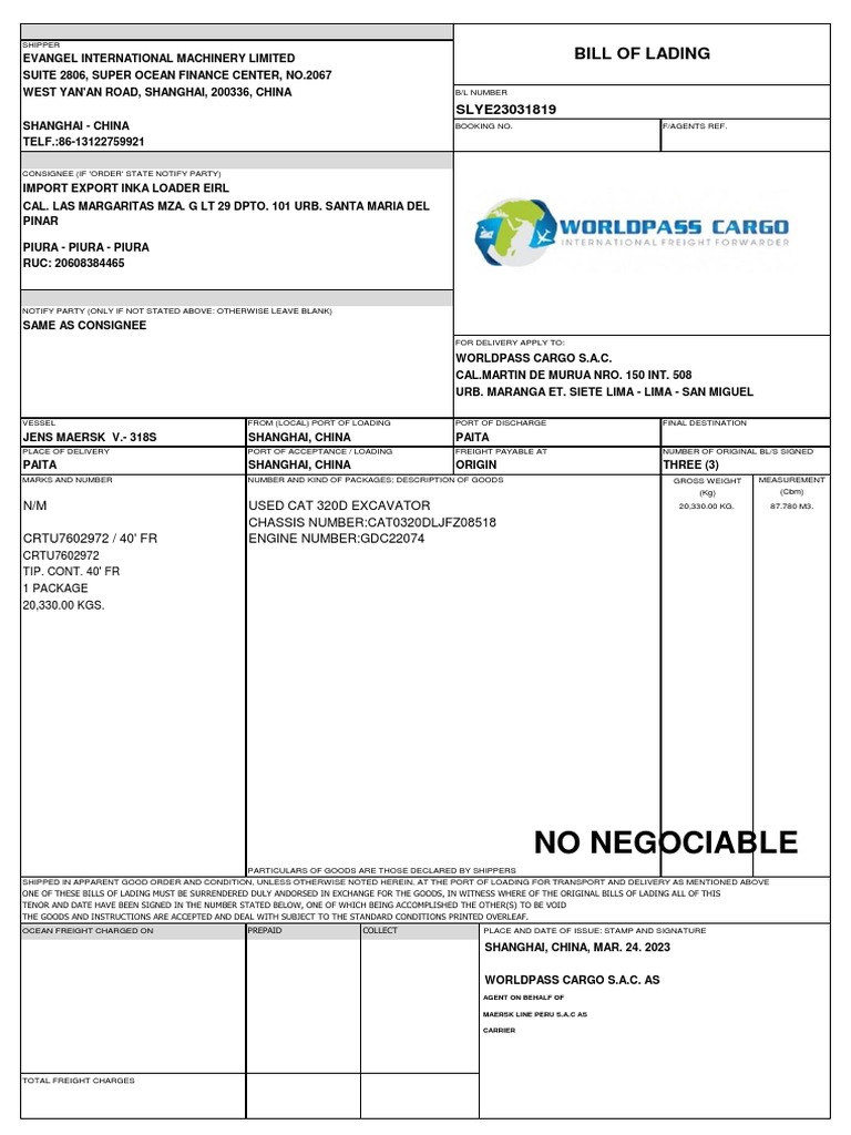 HBL for Used Excavator Shipment | PDF | Cargo | Bill Of Lading