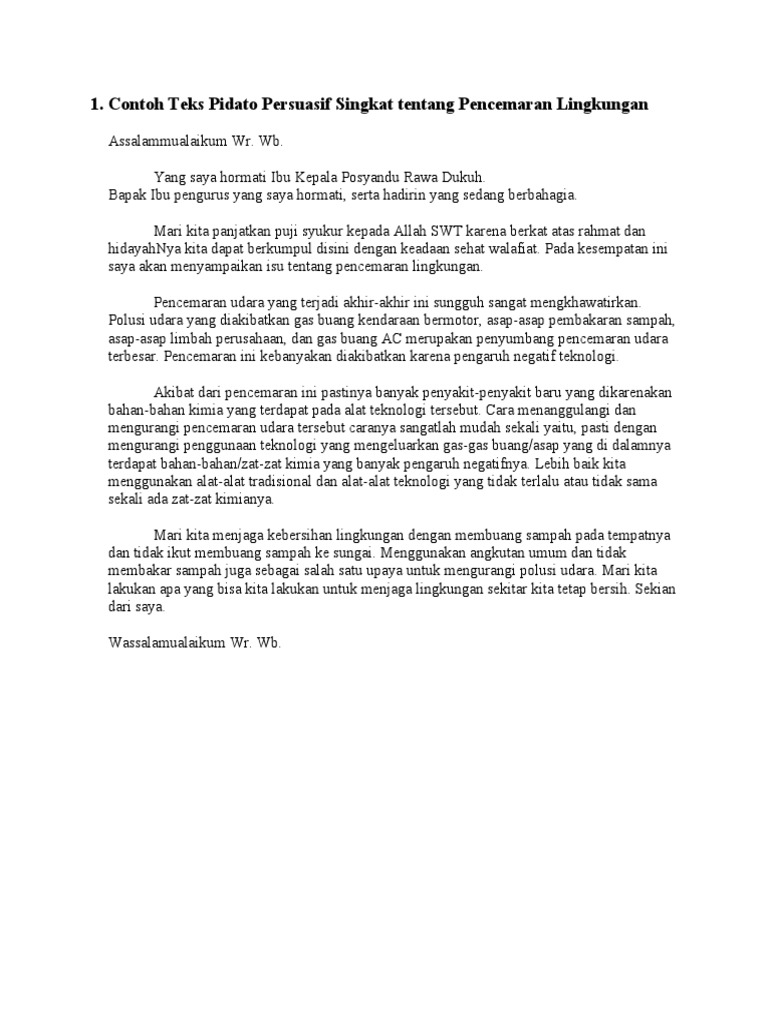 Contoh Teks Pidato Persuasif Singkat tentang Pencemaran Lingkungan PDF