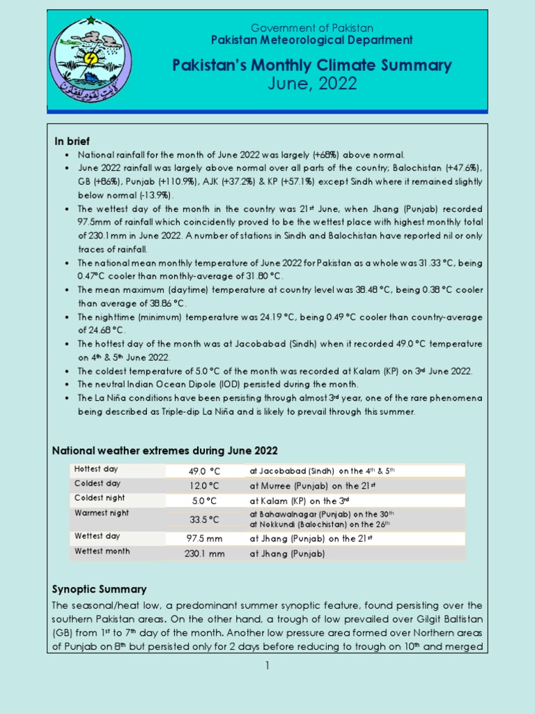 June 2022 Weather Summary for Pakistan | PDF | Nature | Applied And ...