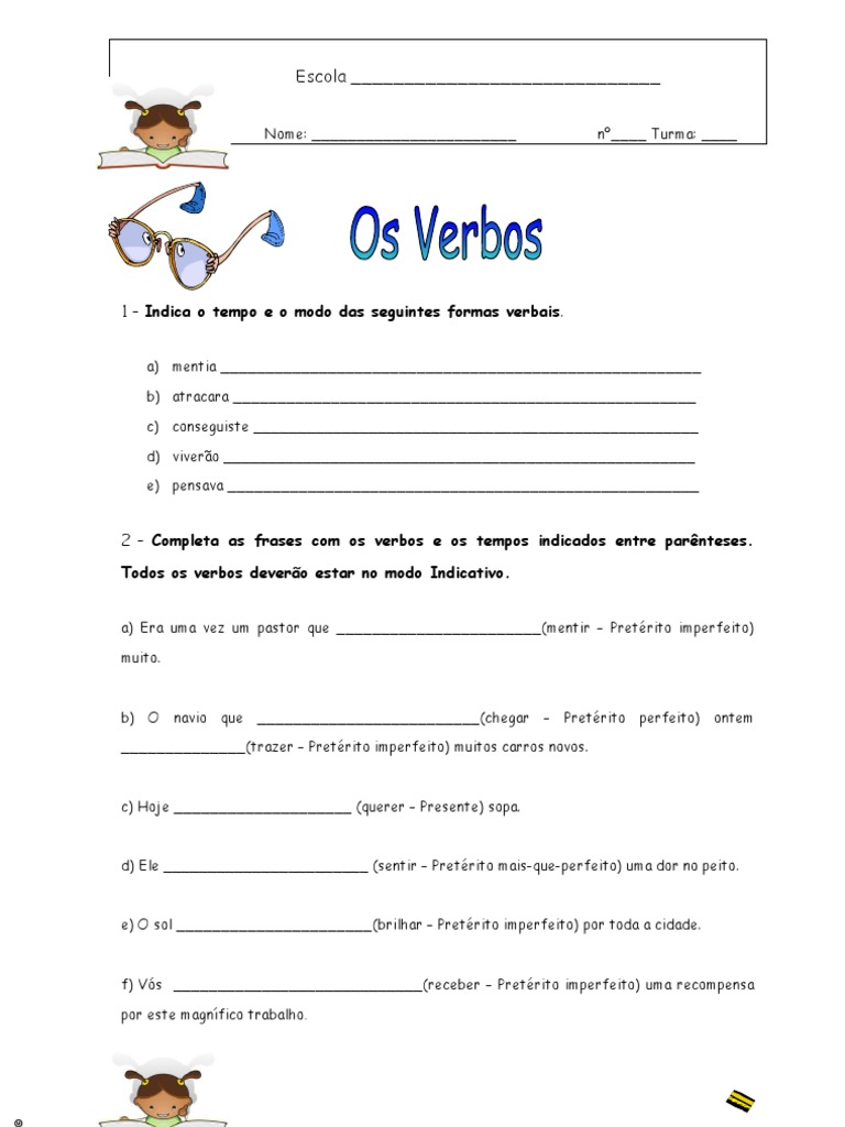 Verbos Exercícios Pdf , Os 14 melhores exercícios sobre Verbos com ...
