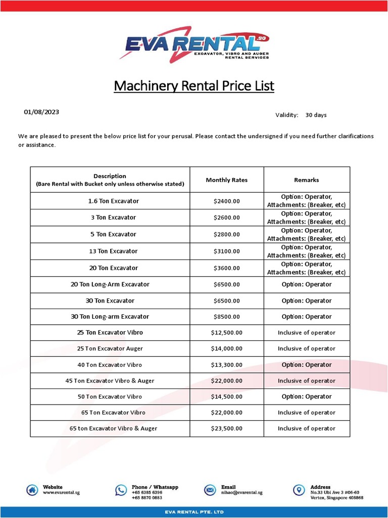 EVA Rental Equipment Price List August 2023 Download Free PDF