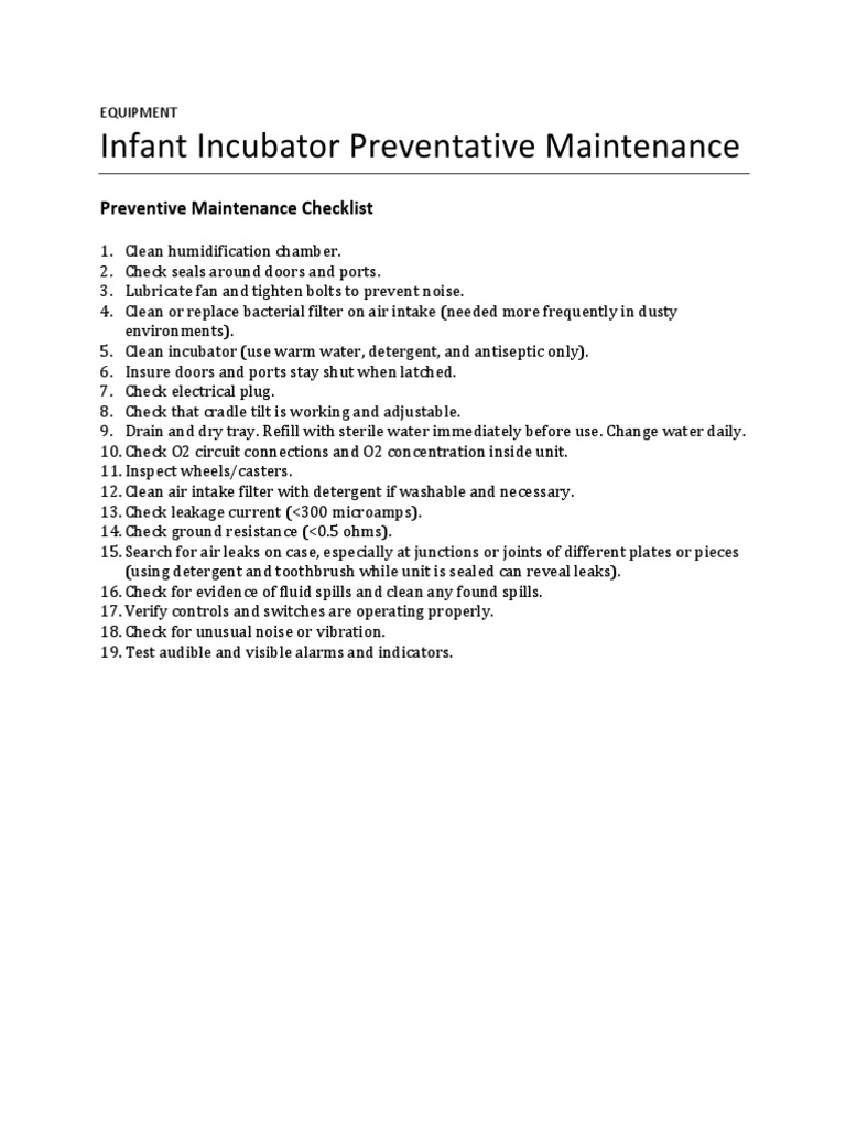 Infant Incubator Preventative Maintenance PDF