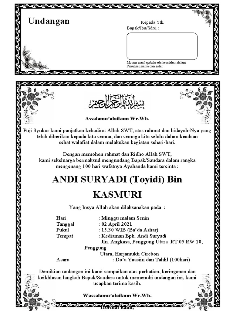 661 - Contoh Surat Undangan Mendak Tahlil 40 100 1000 Hari | PDF