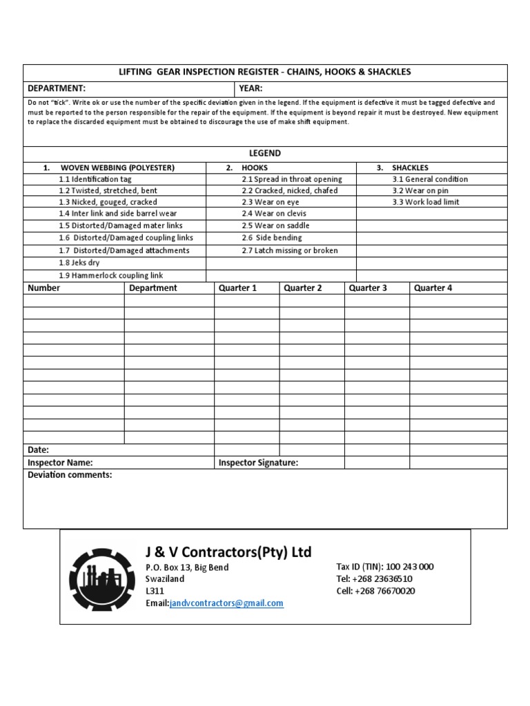 LIFTING GEAR INSPECTION REGISTER CHAINS, HOOKS & SHACKLES PDF