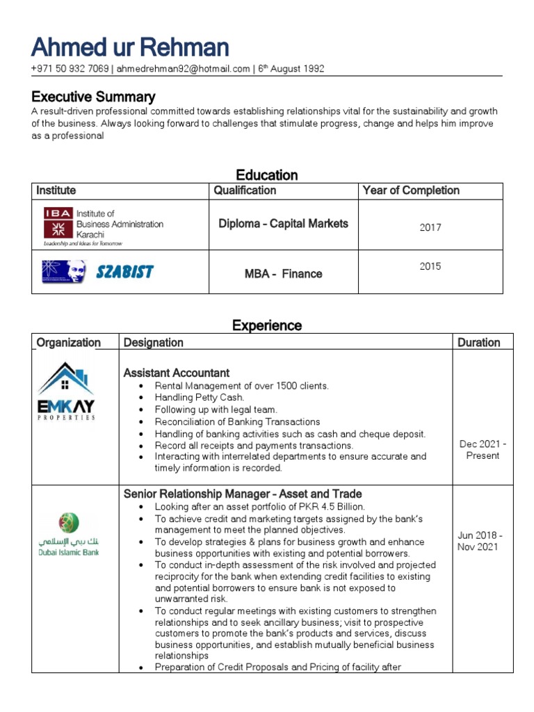 Ahmed Ur Rehman Resume 1 Pdf Banks Marketing