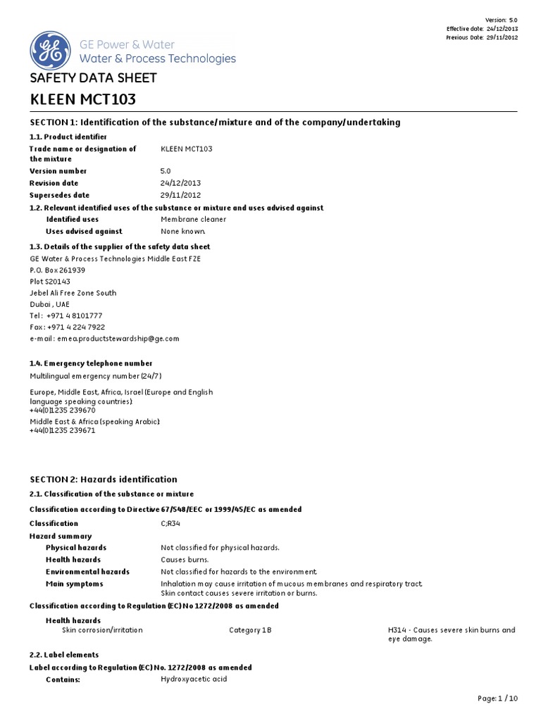 MSDS Kleen MCT103 PDF Dangerous Goods Toxicity