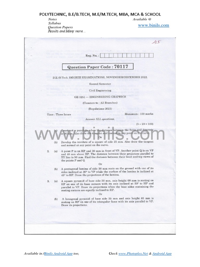 GE 3251 Engineering Graphics Old Question Paper | PDF | Art | Computers