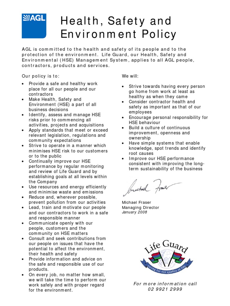 061011 Health Safety And Environment Policy Corporate About Agl Occupational Safety And Health Safety
