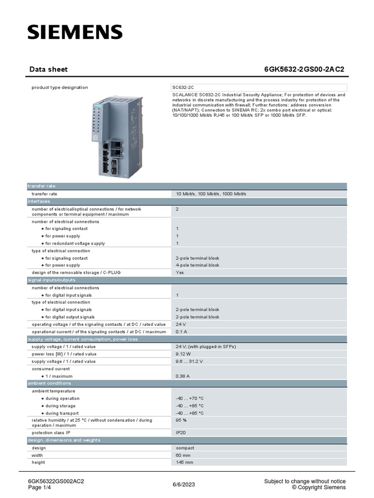 Scalance SC632-2C Firewall 6GK56322GS002AC2 Datasheet En | PDF | Power ...