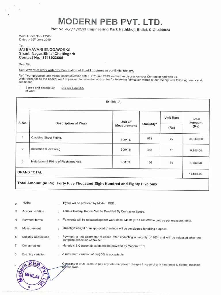 Approved Erection Work Order | PDF