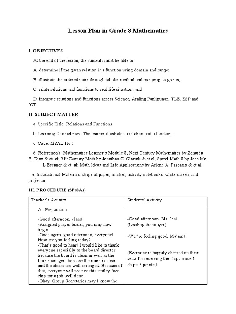 Lesson Plan in Grade 8 Mathematics - C01 | PDF