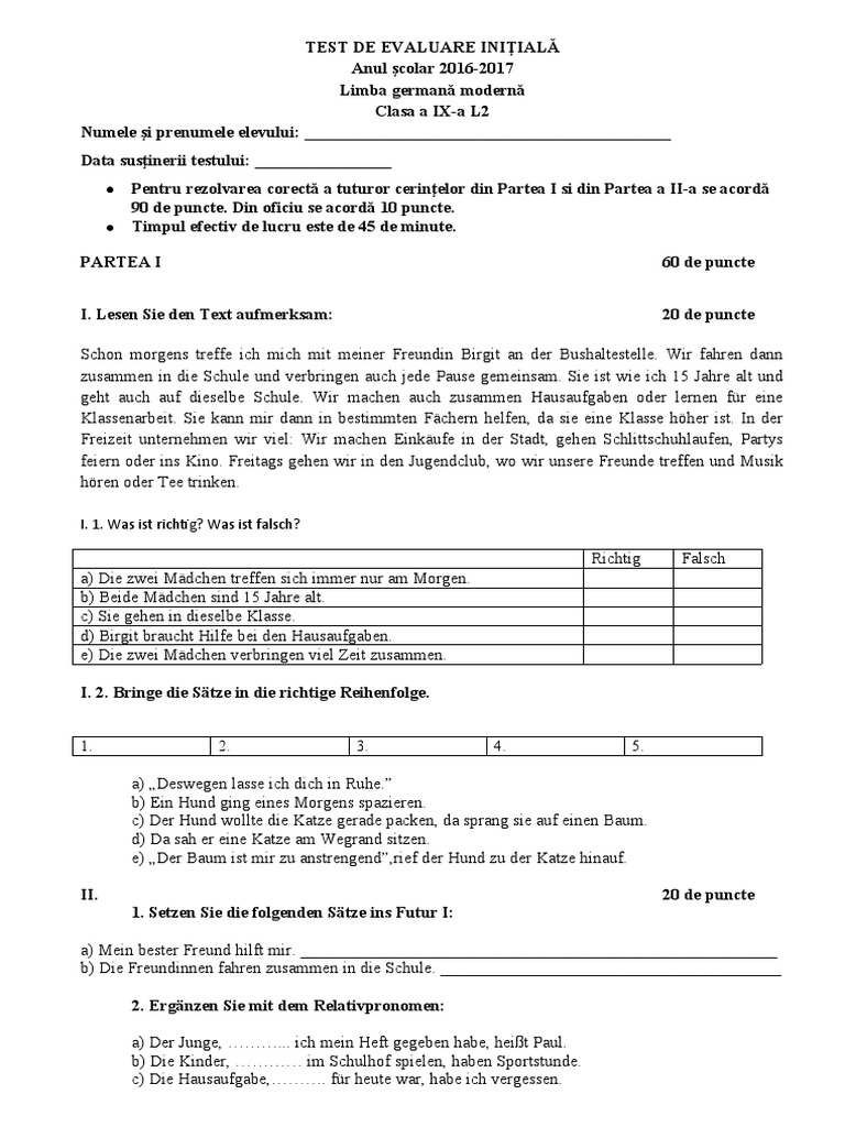Test de Evaluare Initiala Ix - 1 | PDF