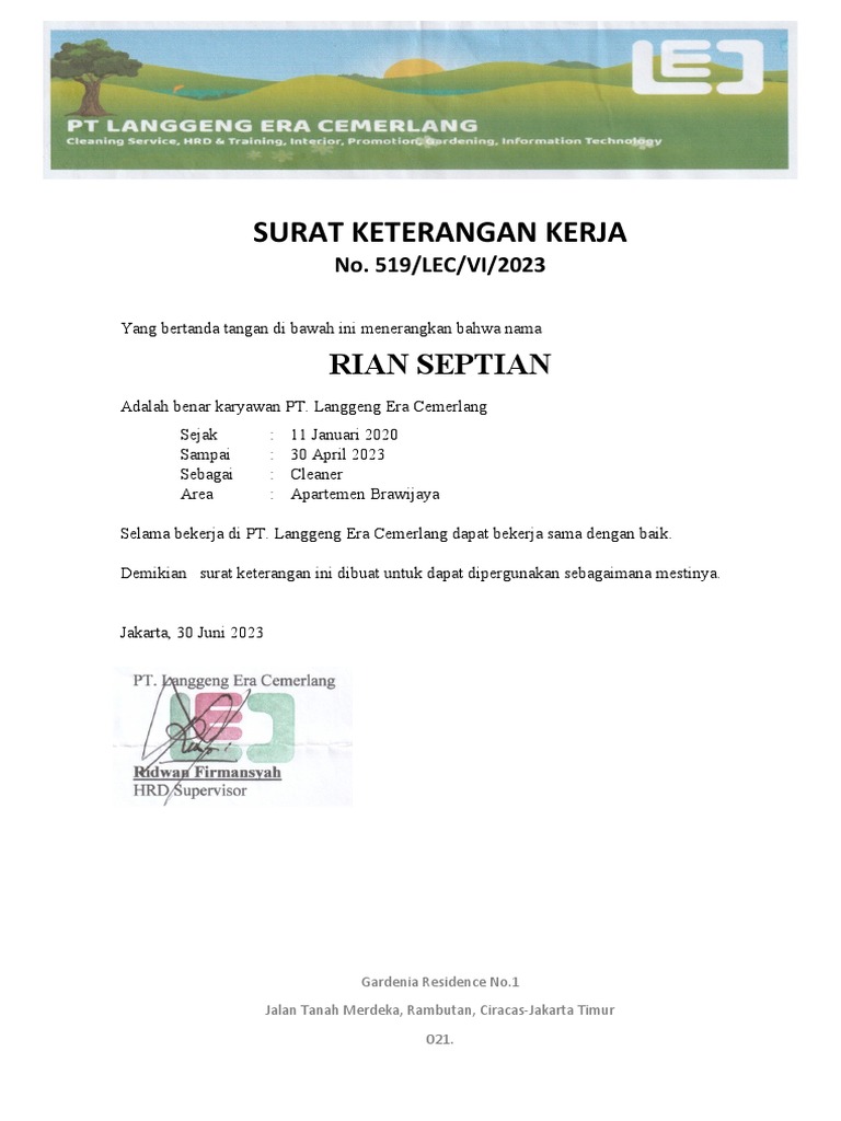 Surat Keterangan Kerja | PDF
