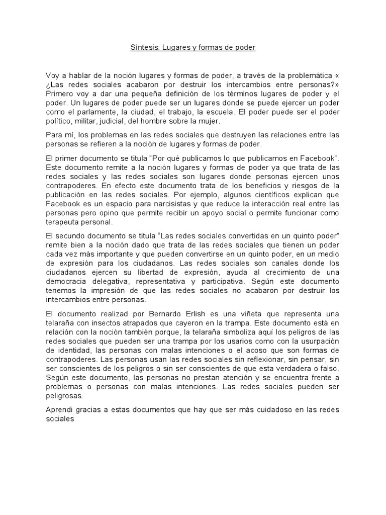 Síntesis Lugares y Formas de Poder | PDF | Redes sociales | Cultura ...